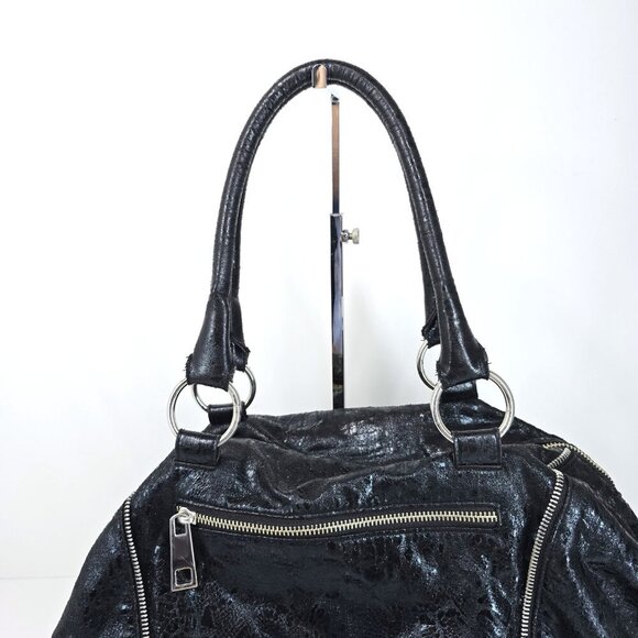 Express Black Cracked Leather Hobo Bag Shoulder Purse Shiny Large Satchel - Picture 2 of 12